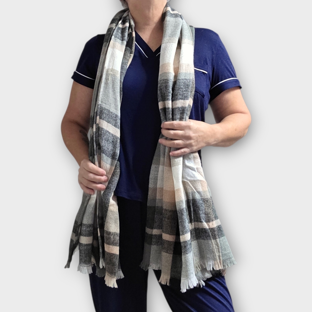 BP New Plaid Scarf in Black, Gray, and Tan One Size - Picture 2 of 6